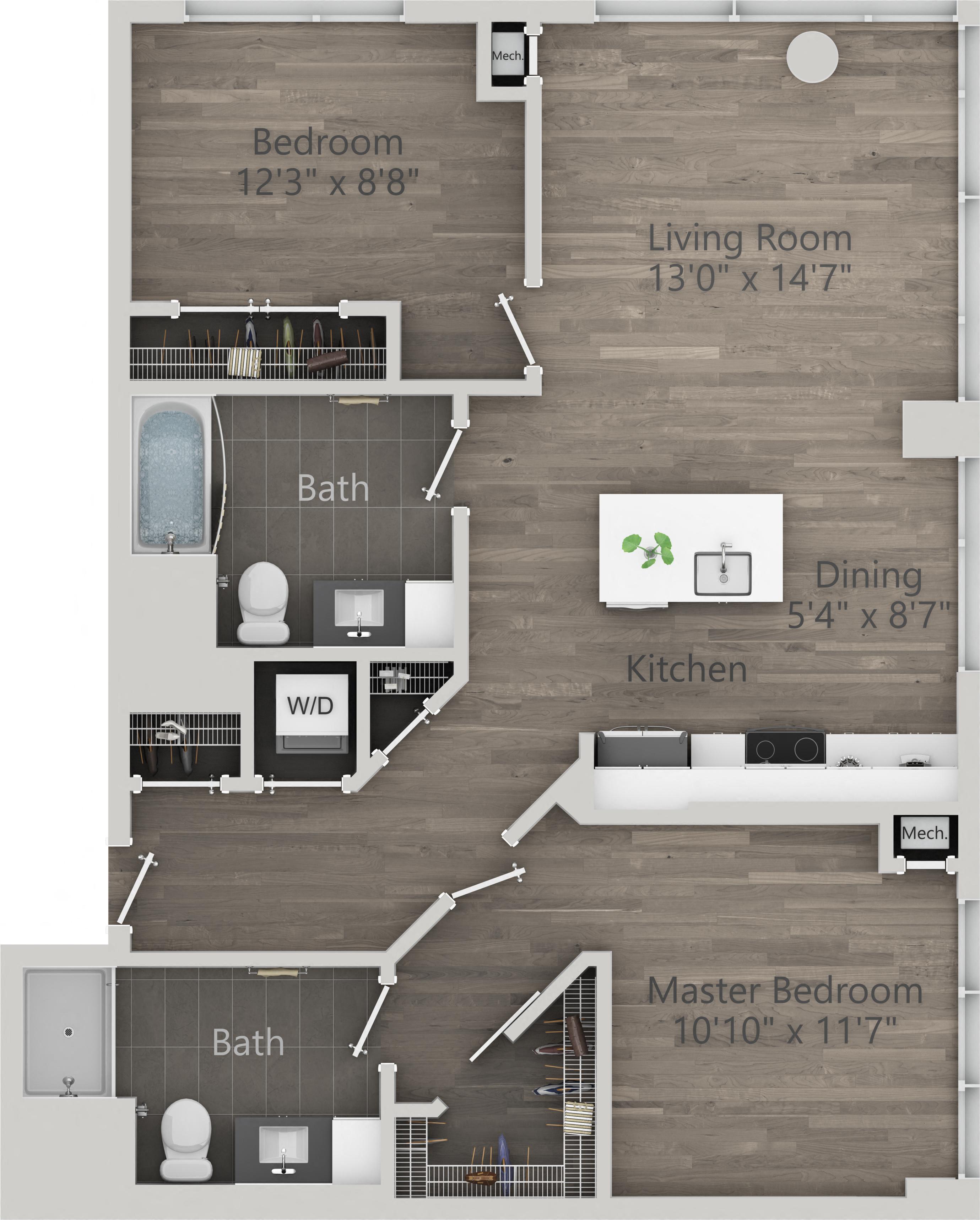 Floor plan for 2 beds, 2 baths, 1013 sqft